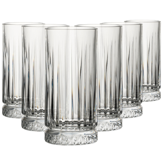 Set of six Glassware UK Elysia long drink whisky tumblers, 280ml, clear glass with a sleek design for stylish beverages.