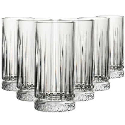 Set of six Glassware UK Elysia long drink whisky tumblers, 280ml, clear glass with a smooth, rounded design for elegant drinking.