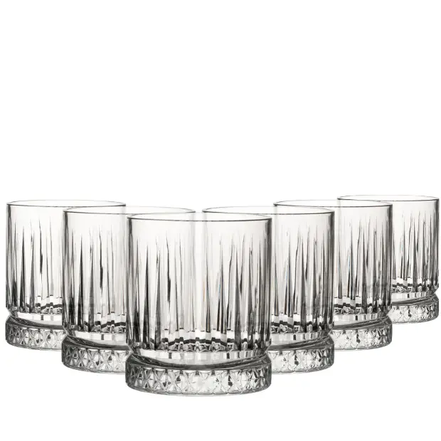Set of six Elysia DOF glass tumblers by Glassware UK, 360ml whisky tumblers with clear, sturdy glass design.