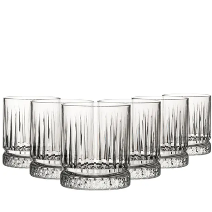 Set of six Elysia DOF glass tumblers by Glassware UK, 360ml whisky tumblers with clear, sturdy glass design.