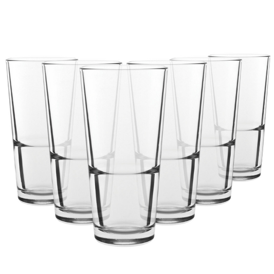 Set of six Glassware UK 380ml whisky tumblers with thick glass construction, ideal for beverages and whiskey serving.