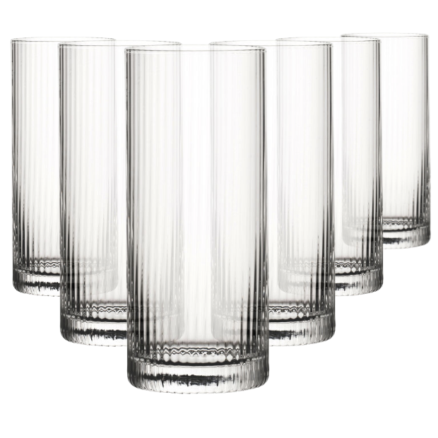 Set of six Glassware UK Hayworth highball glasses, 350ml whisky tumblers with clear glass design, perfect for cocktails and drinks.
