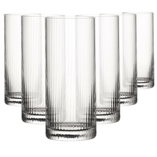 Set of six Glassware UK Hayworth highball glasses, 350ml whisky tumblers with clear glass design, perfect for cocktails and drinks.