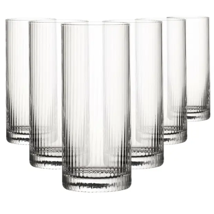 Set of six Glassware UK Hayworth highball whisky tumblers, 350ml, clear glass with a smooth, rounded design for drinks.