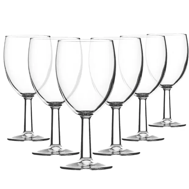 Set of six Saxon wine glasses by Glassware UK, 200ml capacity, clear crystal glassware with elegant stems.