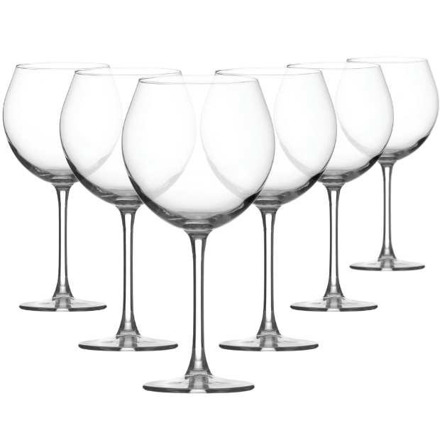 Set of six Glassware UK Enoteca red wine glasses, 640ml capacity, clear glass with elegant stem and bowl, perfect for wine tasting.