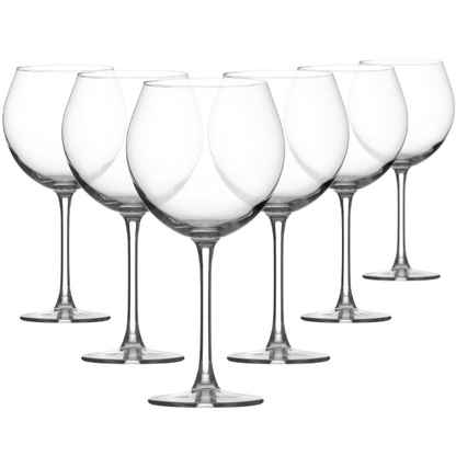 Set of six Glassware UK Enoteca red wine glasses, 640ml capacity, clear glass with elegant stem and bowl, perfect for wine tasting.