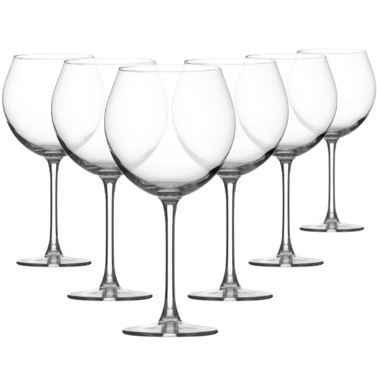 Set of six Glassware UK Enoteca red wine glasses, 640ml capacity, clear glass with elegant stem and bowl, perfect for wine tasting.