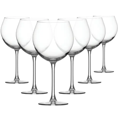 Set of six Glassware UK Enoteca red wine glasses, 640ml, clear glass with elegant stems and wide bowls for wine enjoyment.