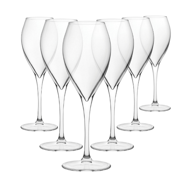 Set of six Monte Carlo wine glasses by Glassware UK, 340ml capacity, clear glass with elegant design for red or white wine.