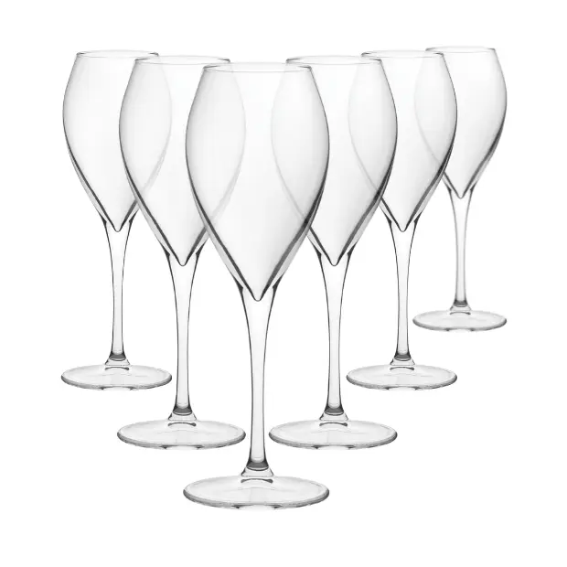 Set of six Monte Carlo wine glasses by Glassware UK, 340ml, clear glass with elegant bowl and sturdy stem, perfect for wine tasting.