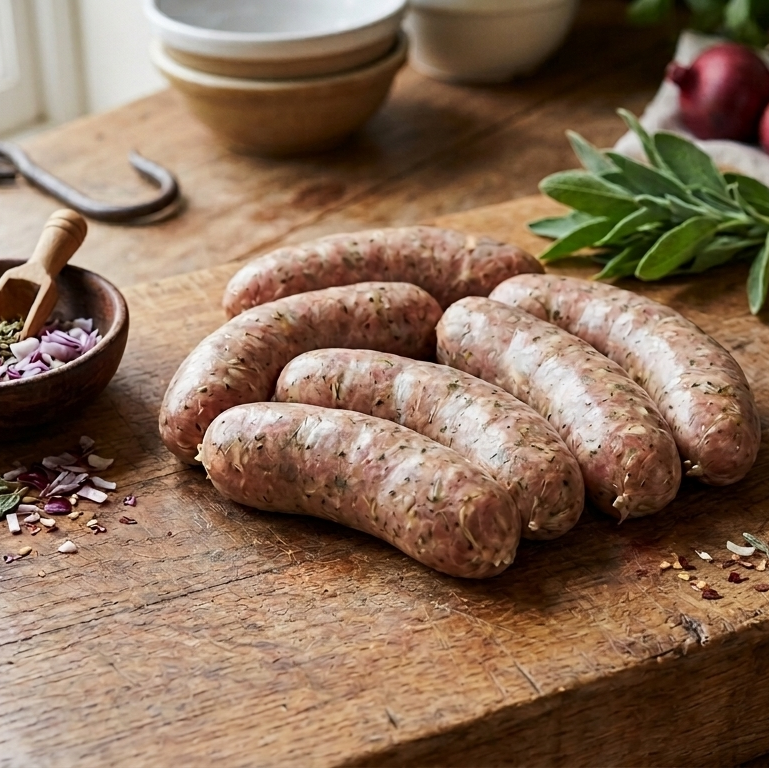 Primrose Herd Cornish Heritage Pork sausages with sage and red onion, 500g pack, shown in a close-up image.