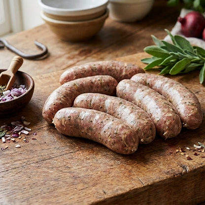 Primrose Herd Cornish Heritage Pork sausages with sage and red onion, 500g pack, shown in a close-up image.