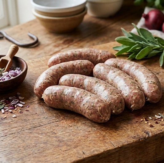 Primrose Herd Cornish Heritage Pork sausages with sage and red onion, 500g pack, shown in a close-up image.