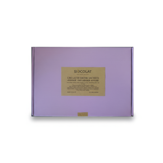 Vegan purple yam drink sachets from Siocolat, sugar-free instant Ube Latte powder in colorful packaging.