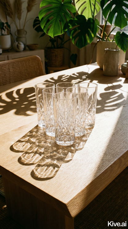 Set of six Crystalite highball glasses by Glassware UK, 350ml flamenco-style whisky tumblers with full cut design.