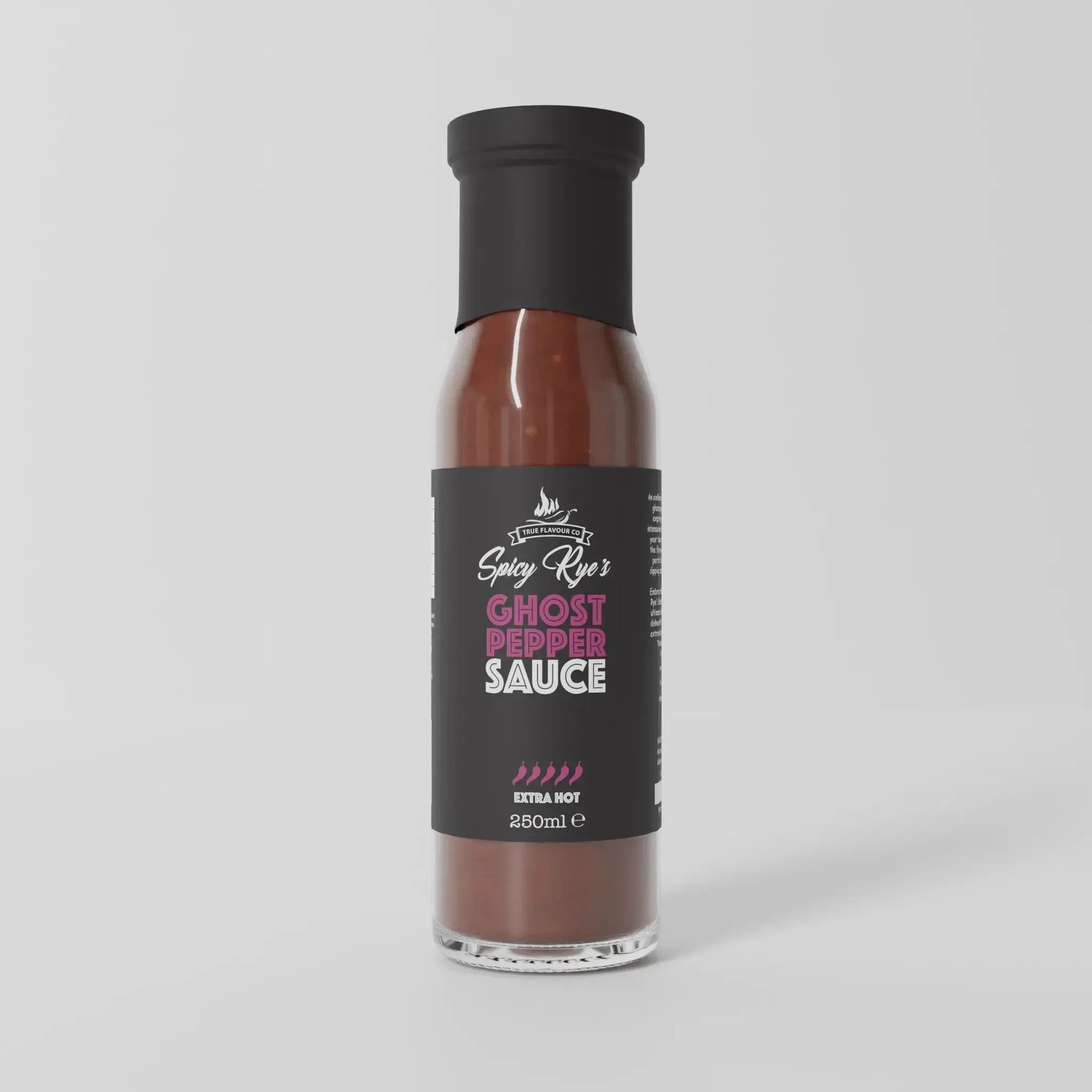 Spicy Ryes ghost pepper hot sauce bottle with fiery red sauce and label featuring ghost pepper illustration.