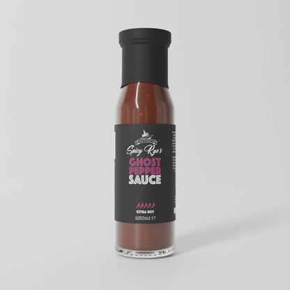 Spicy Ryes ghost pepper hot sauce bottle with fiery red sauce and label featuring ghost pepper illustration.
