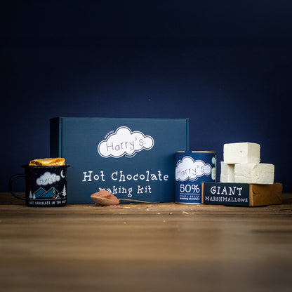 Harry's Hot Chocolate making kit with assorted hot chocolate mixes and accessories, packaged in a gift box.