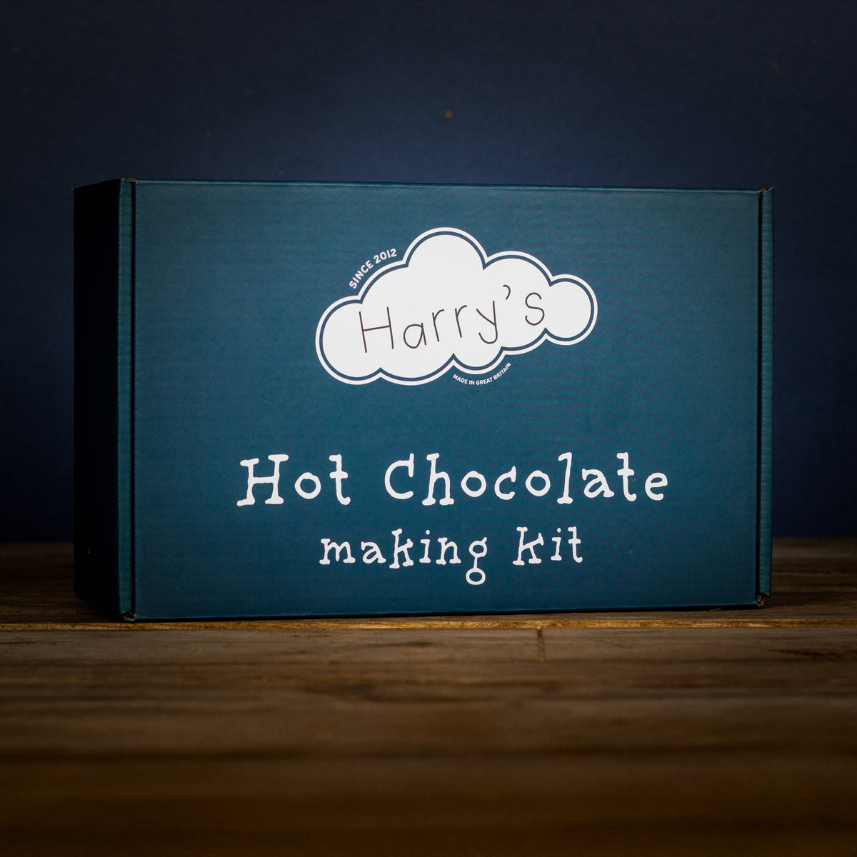 Harry's Hot Chocolate Making Kit gift box with hot chocolate mix, marshmallows, and accessories in a square box.