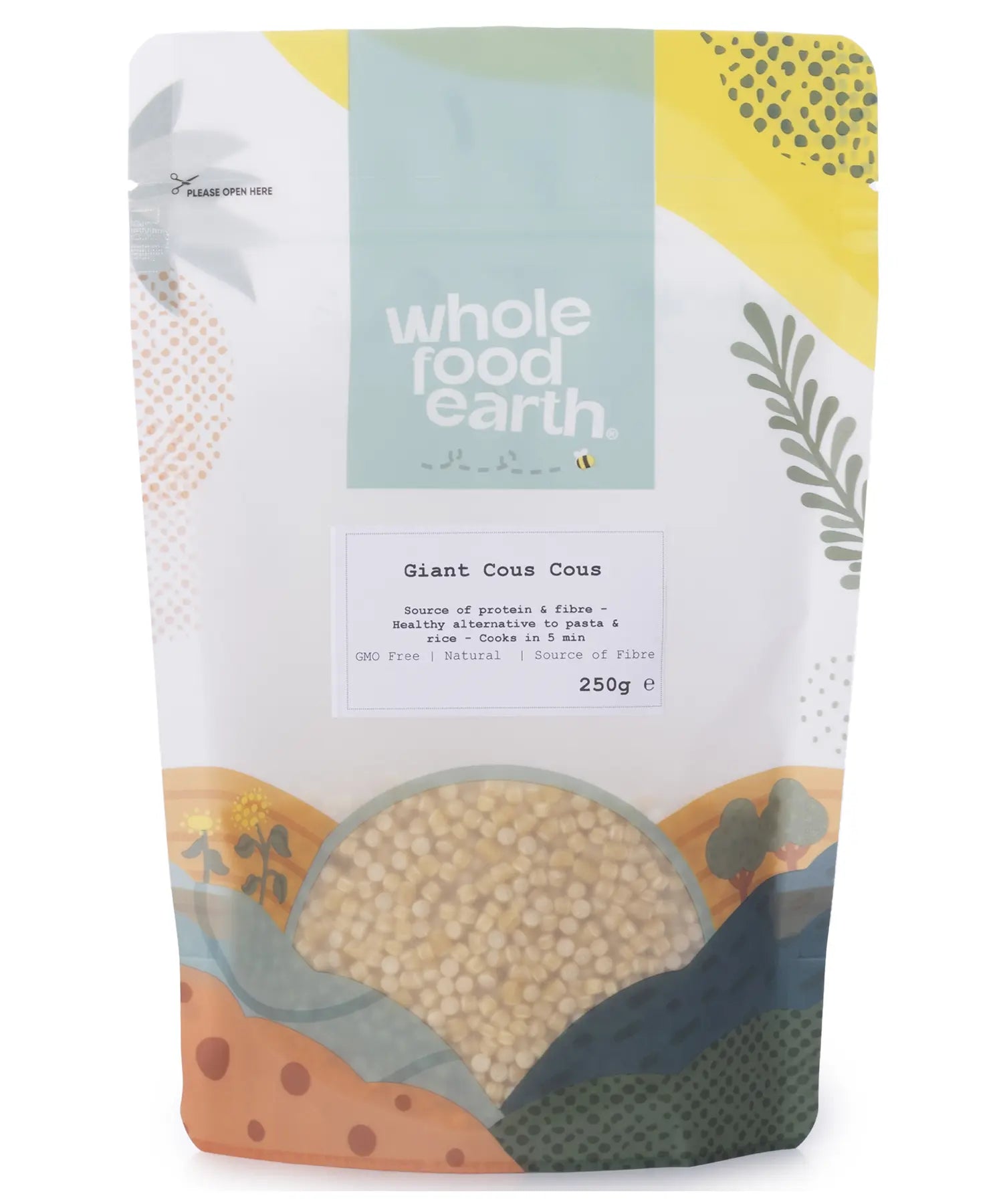 Whole Food Earth giant couscous in a 250g package, close-up of the textured, golden pearl-shaped rice and couscous grains.