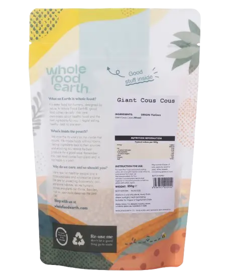 Whole Food Earth giant couscous, 250g package, showcasing large, toasted pearl-shaped couscous grains from the rice and couscous category.