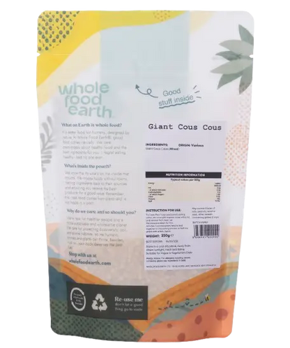 Whole Food Earth giant couscous, 250g package, showcasing large, toasted pearl-shaped couscous grains from the rice and couscous category.