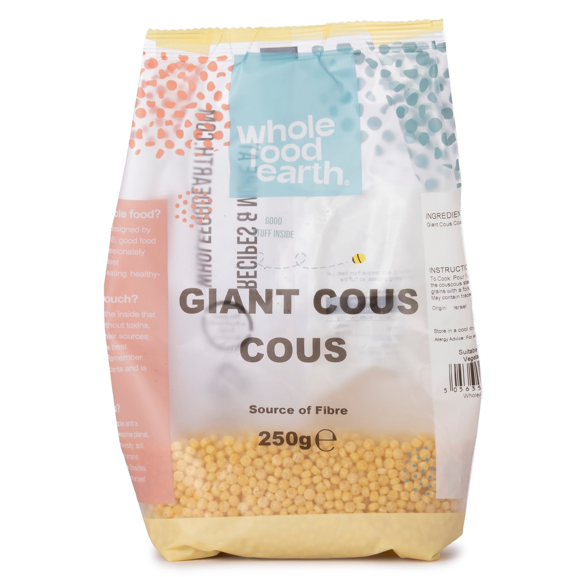 Giant couscous from Whole Food Earth in a 250g package, showing large pearl-shaped couscous grains on the package.