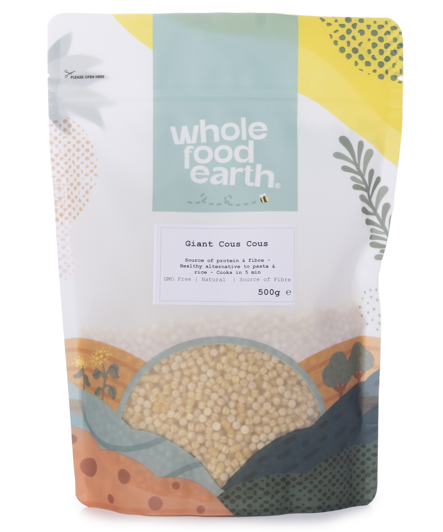 Whole Food Earth giant couscous in a 500g package, showcasing large, golden grains of rice and couscous mixture.