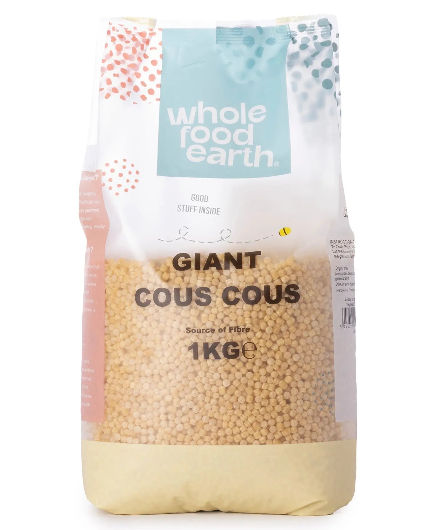 Whole Food Earth giant couscous in a 1kg package, close-up of the textured, golden couscous grains.