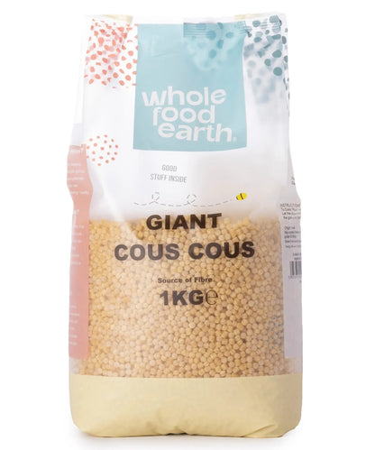Whole Food Earth giant couscous in a 1kg package, close-up of the textured, golden couscous grains.