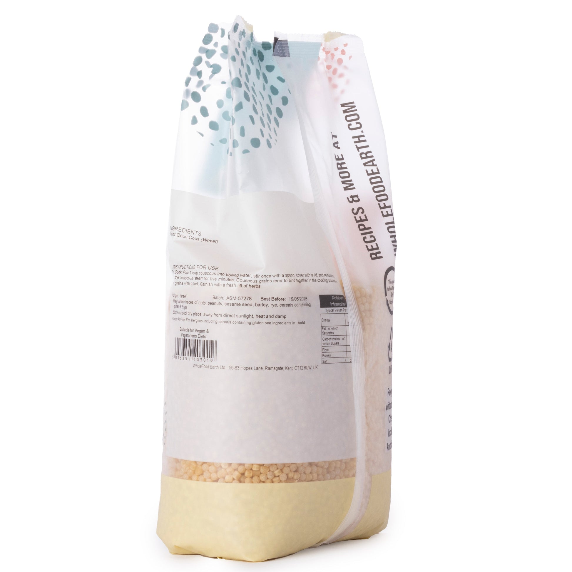 Giant couscous from Whole Food Earth, 1kg package, displaying large pearl-like grains ready for cooking.