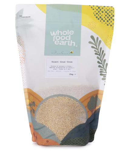 Two kilograms of Whole Food Earth giant couscous in a clear plastic bag, showing large, golden pearl-shaped pasta.