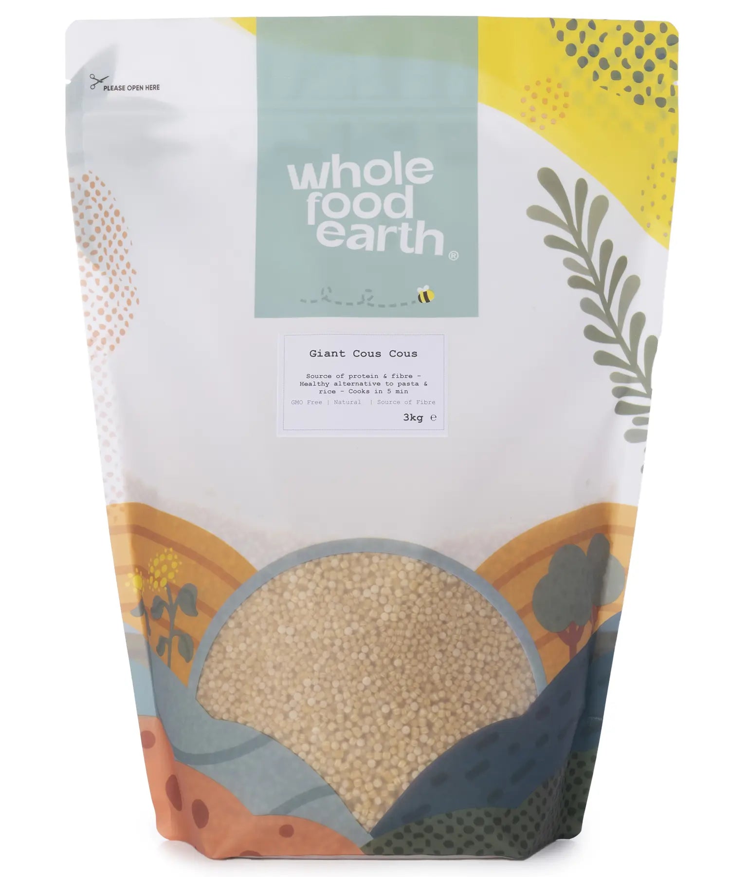 Giant couscous from Whole Food Earth, 3kg bag, showing large golden grains of rice and couscous in a close-up view.