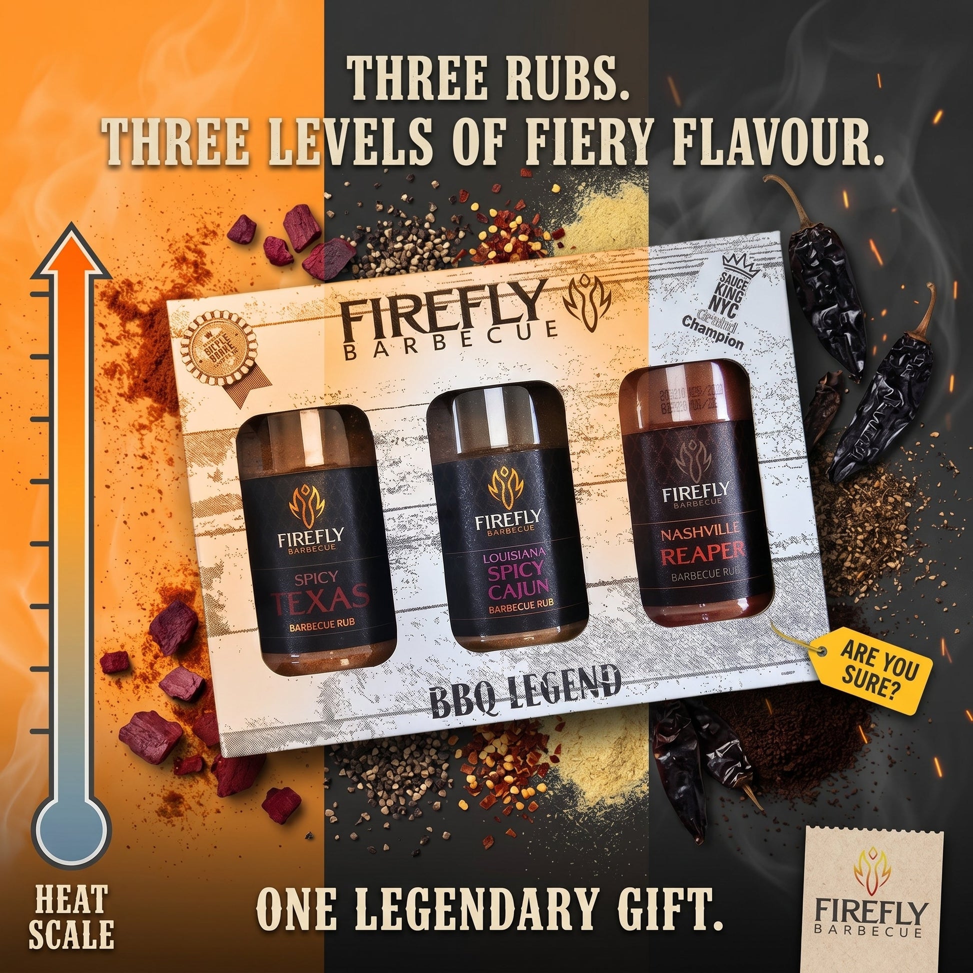 FireFly Barbecue 3-pack spicy BBQ rubs gift bundle with assorted spice blends for grilling and smoking.