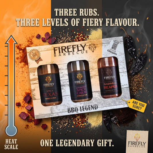 FireFly Barbecue 3-pack spicy BBQ rubs gift bundle with assorted spice blends for grilling and smoking.