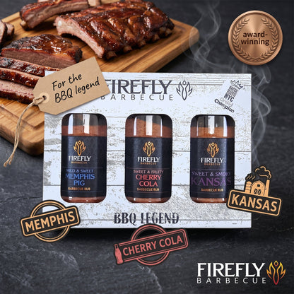 FireFly Barbecue BBQ Legend gift set with three sweet BBQ rubs in colorful jars, perfect for grilling enthusiasts.