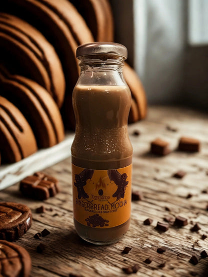 Six Ignite Coffee Co Mocha Pack cold brew bottles with gingerbread mocha flavor in a box, ready for refreshment.