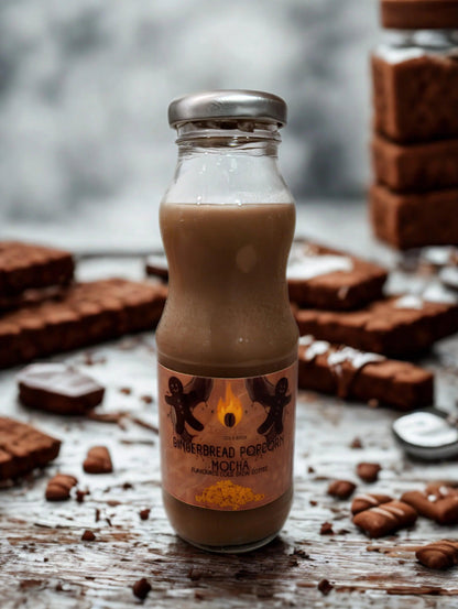 Cold brew pack featuring six velvety gingerbread popcorn mocha drinks from Ignite Coffee Co with a festive popcorn twist