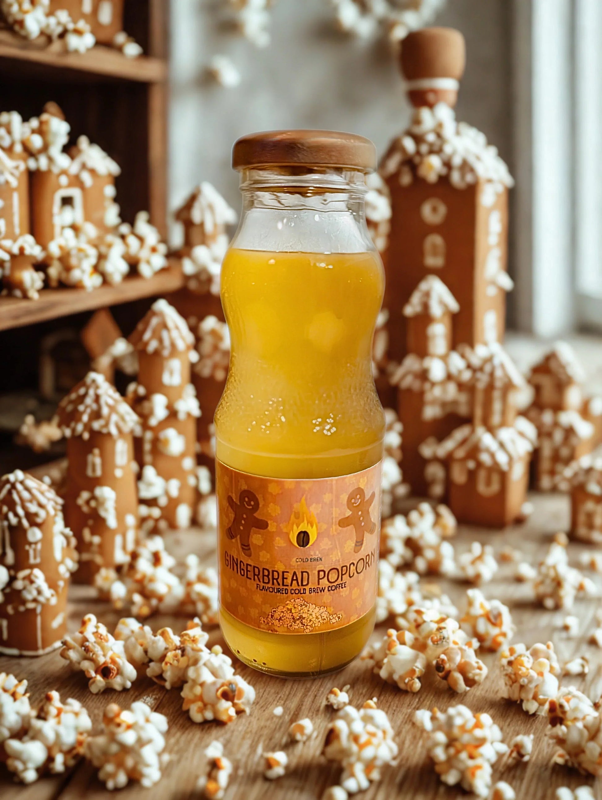 Ignite Coffee Co gingerbread popcorn cold brew pack featuring six indulgent popcorn-inspired cold brew bottles for cozy moments.