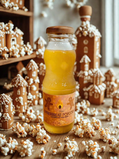 Ignite Coffee Co gingerbread popcorn cold brew pack featuring six indulgent popcorn-inspired cold brew bottles for cozy moments.