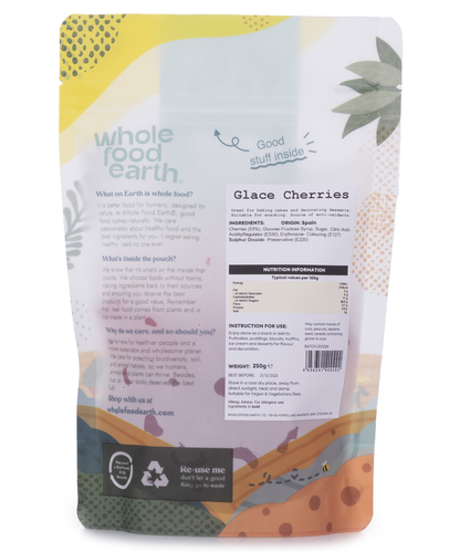 Dried glace cherries from Whole Food Earth, vibrant red dried fruit with glossy surface, ideal for baking and snacking.