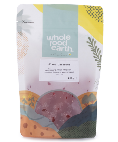 Dried glace cherries from Whole Food Earth, vibrant red dried fruit suitable for baking and snacking, in a 250g package.