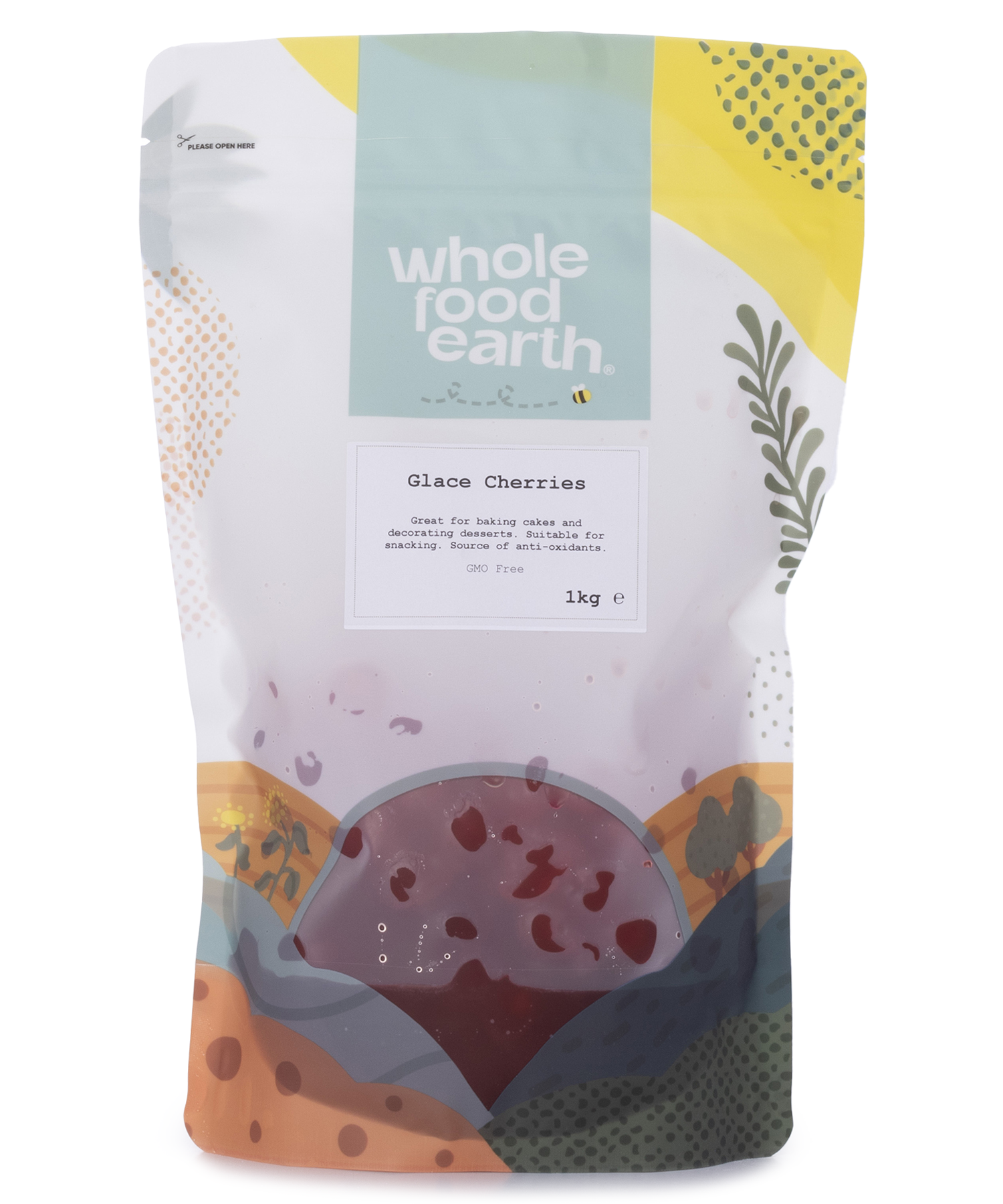 Dried glace cherries from Whole Food Earth, showing shiny, deep red candied cherries in a clear container.