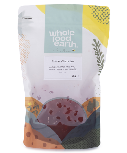 Dried glace cherries from Whole Food Earth, showing shiny, deep red candied cherries in a clear container.