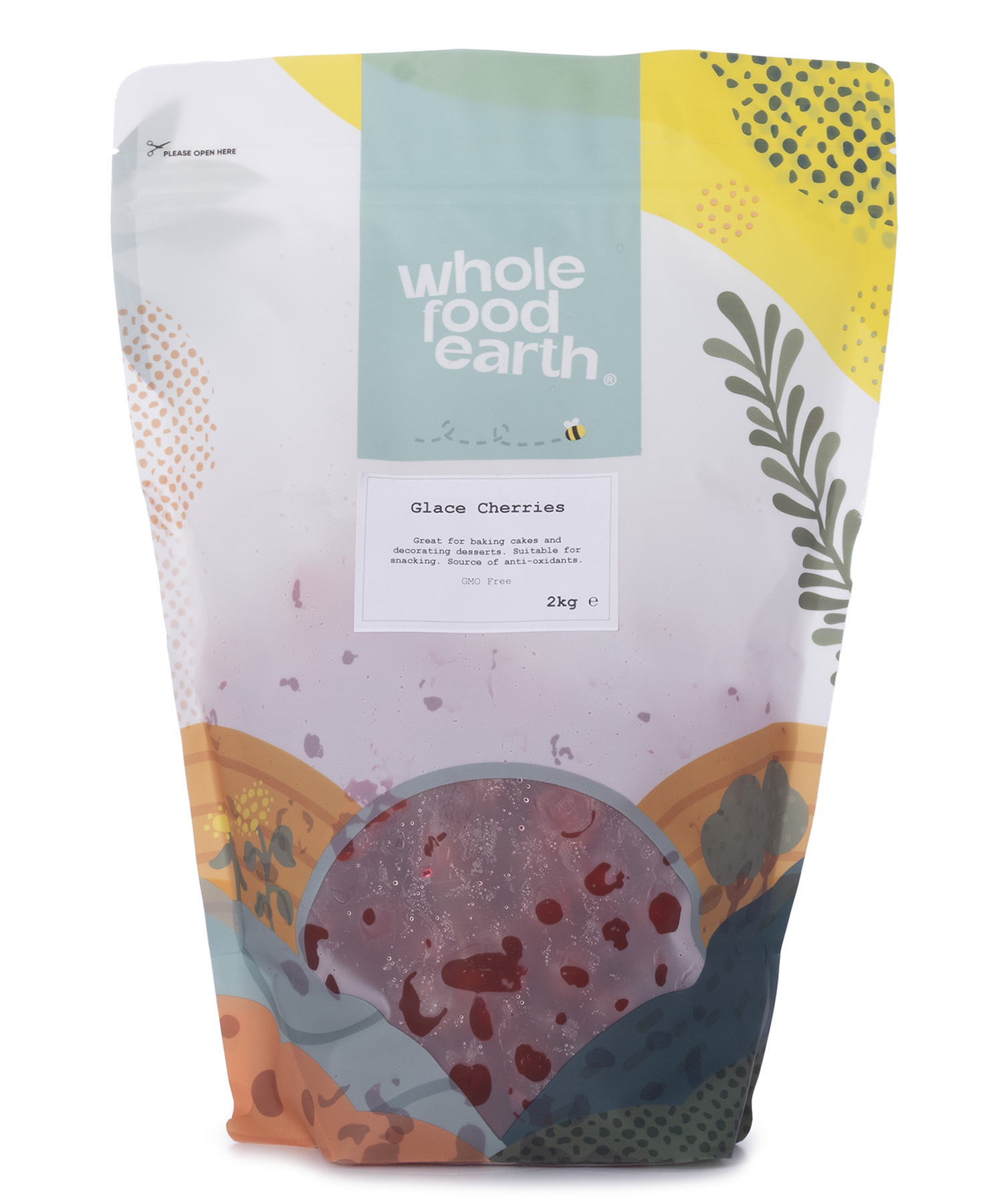 Dried glacé cherries from Whole Food Earth, showcasing bright red, glossy dried fruits used in baking and desserts.