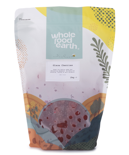 Dried glacé cherries from Whole Food Earth, showcasing bright red, glossy dried fruits used in baking and desserts.