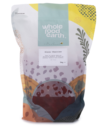 Dried glace cherries from Whole Food Earth, colorful and glossy dried fruit for baking and snacking.