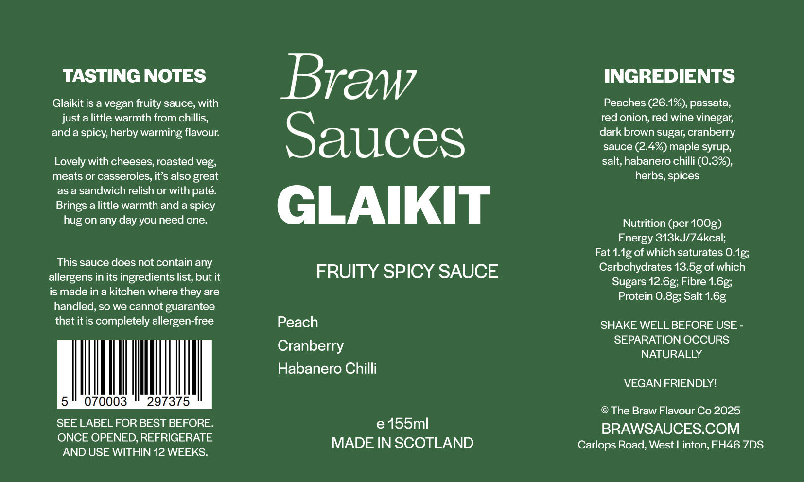 Glaikit sauce bottle by Braw Sauces with a colorful label, showcasing the product's branding and vibrant design.