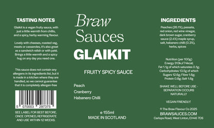 Glaikit sauce bottle by Braw Sauces with a colorful label, showcasing the product's branding and vibrant design.